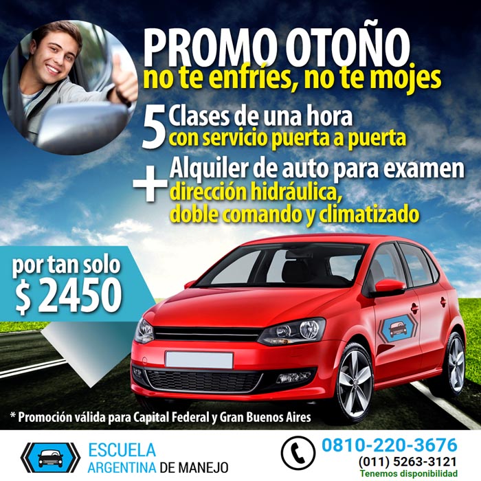 Promo otoño, 5 clases de manejo + alquiler de auto para el exámen